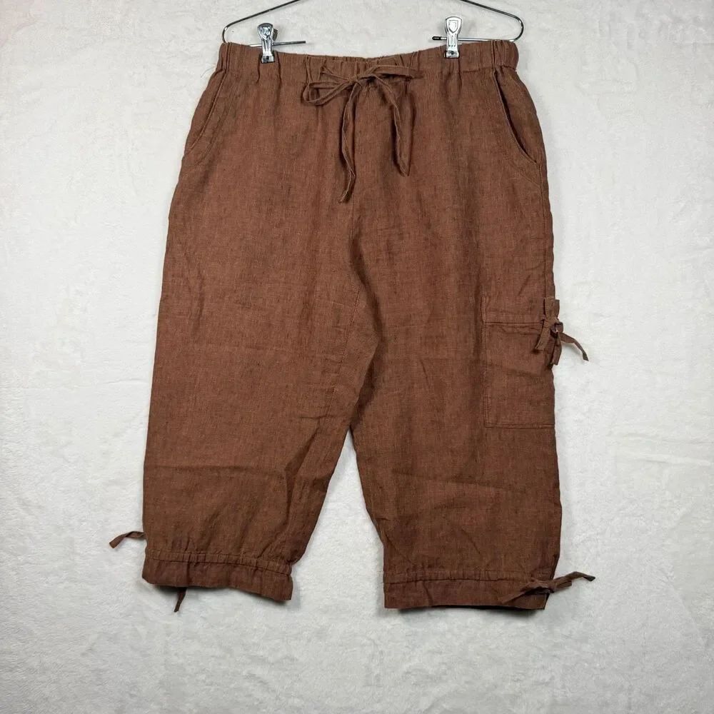 Coldwater Creek 100% Linen Capri Pants Womens 10P Brown Drawstring Cargo